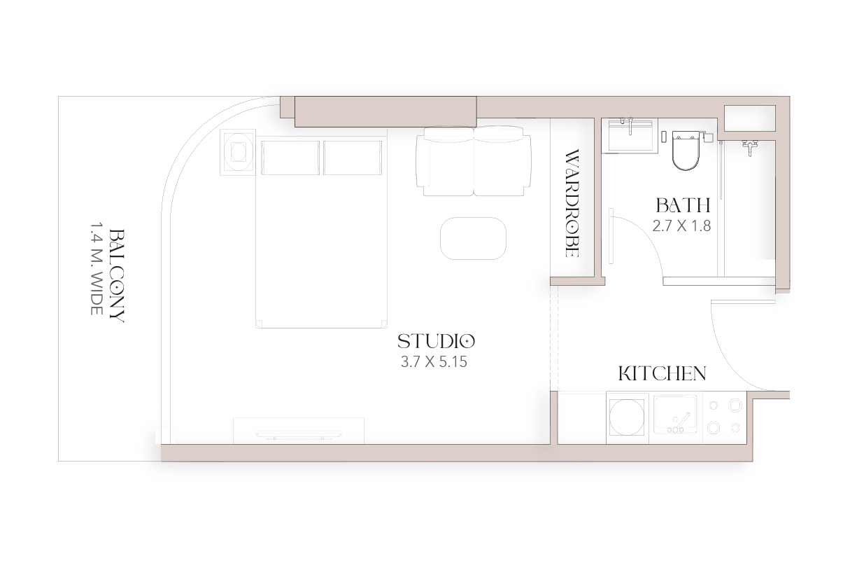 Luxor By Imtiaz A studio apartment floor plan featuring a kitchen, bathroom, wardrobe, and a 1.4m wide balcony.